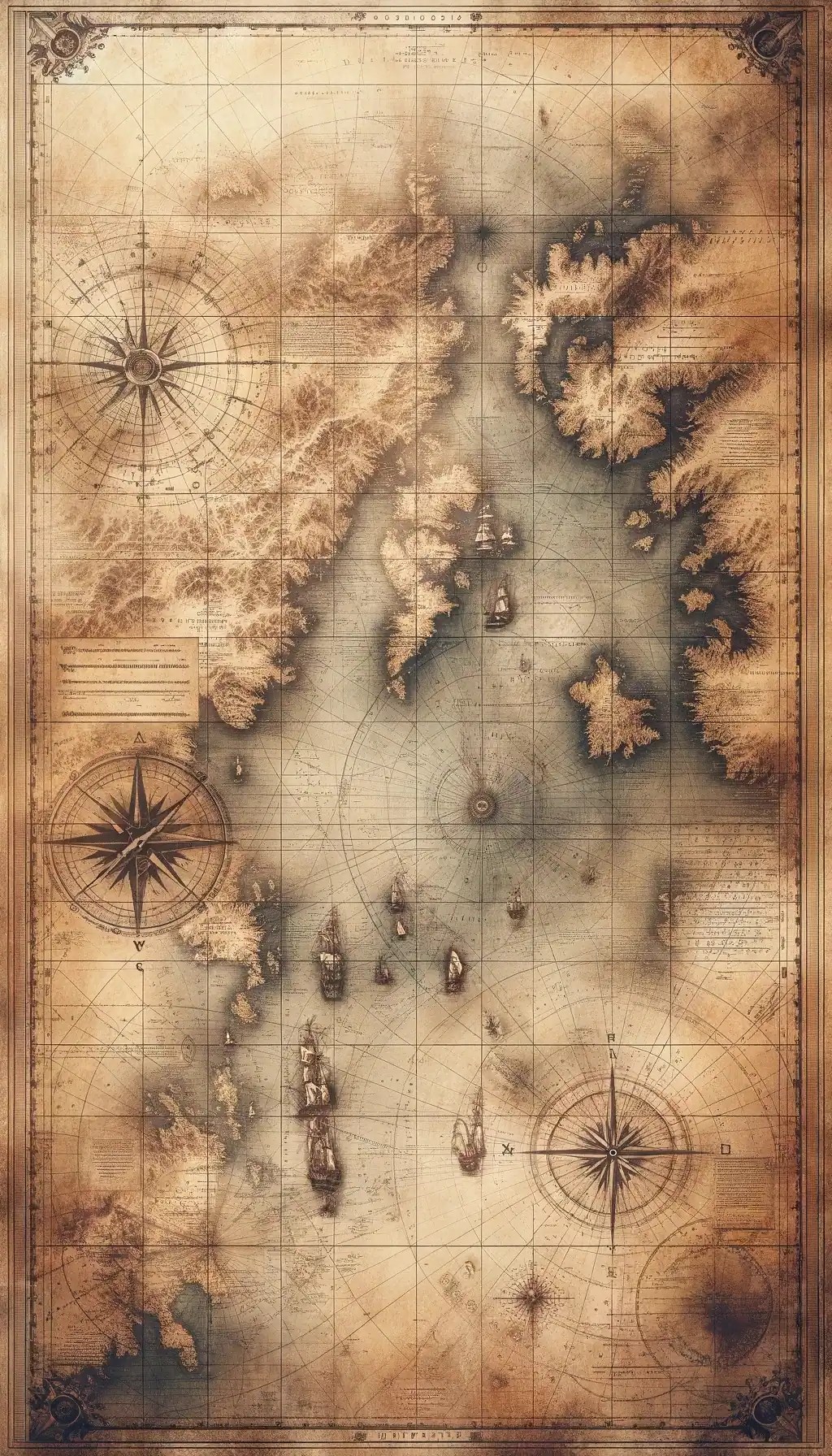 A faded historical maritime map as a long vertical format image, suitable as a background. The map should have an aged, vintage look, with subtle navigational details like compass roses, old ship routes, and faint coastline outlines, evoking a sense of naval history and exploration.